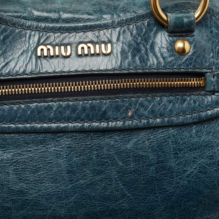 Pre Owned Miu Miu Blue Leather Studded Heart Charm Top Handle Bag