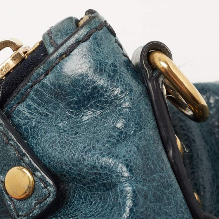 Pre Owned Miu Miu Blue Leather Studded Heart Charm Top Handle Bag