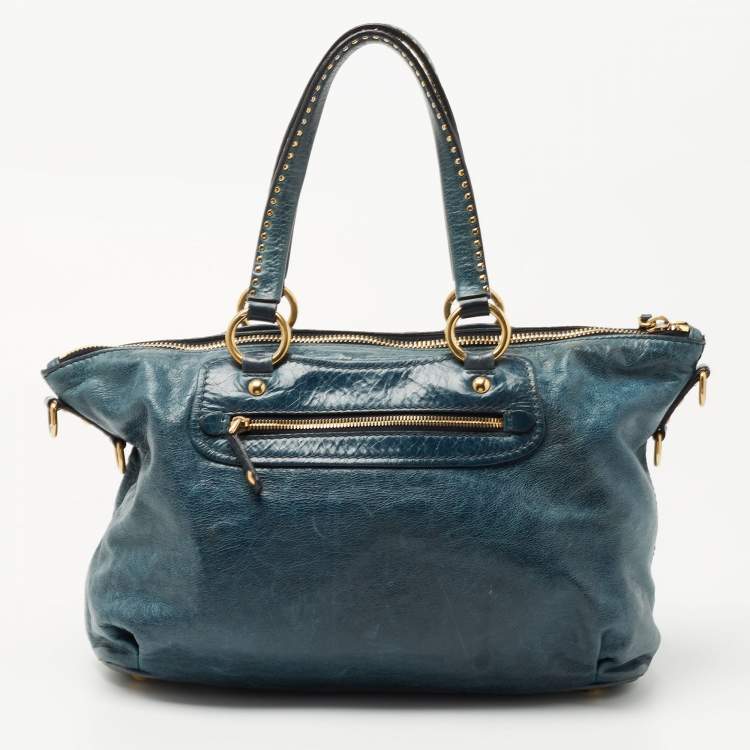 Pre Owned Miu Miu Blue Leather Studded Heart Charm Top Handle Bag