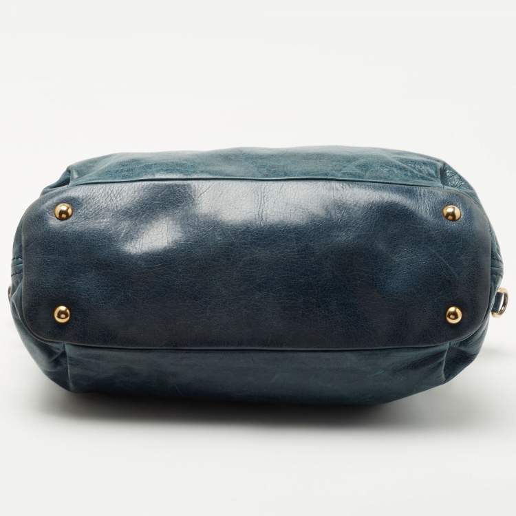 Pre Owned Miu Miu Blue Leather Studded Heart Charm Top Handle Bag
