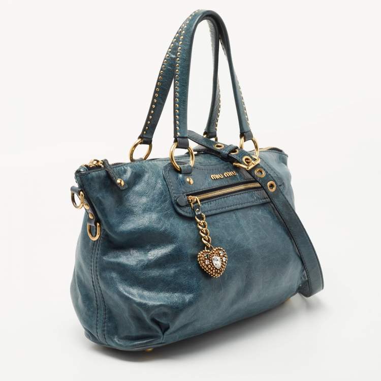 Pre Owned Miu Miu Blue Leather Studded Heart Charm Top Handle Bag