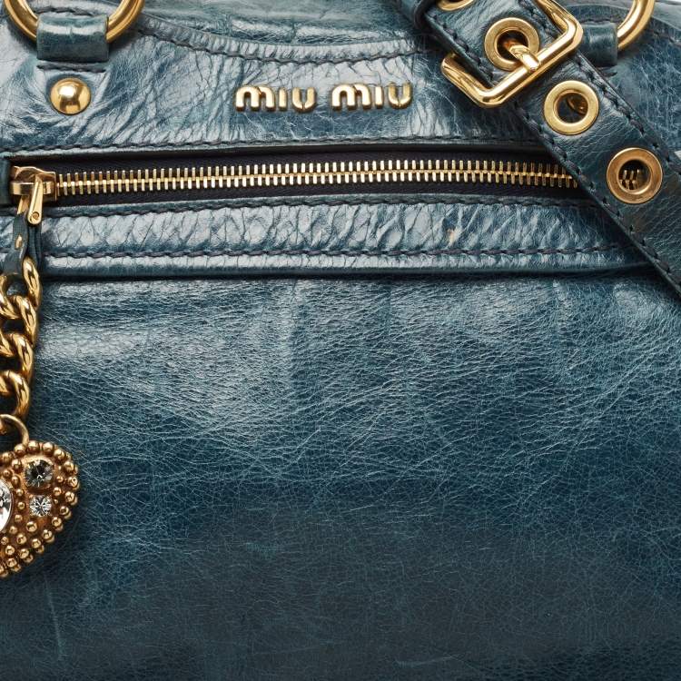 Pre Owned Miu Miu Blue Leather Studded Heart Charm Top Handle Bag
