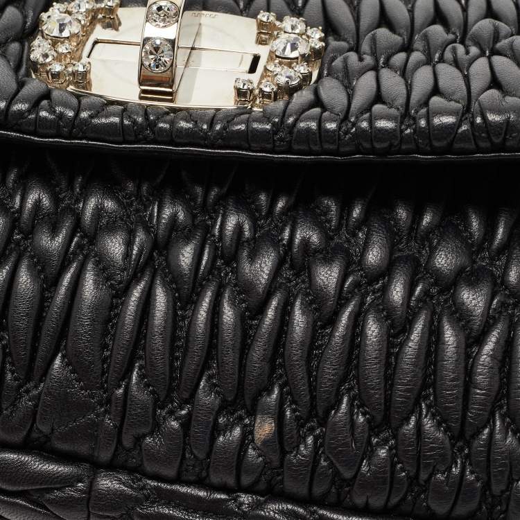 Pre Owned Miu Miu Black Matelassé Leather Crystal Flap Shoulder Bag