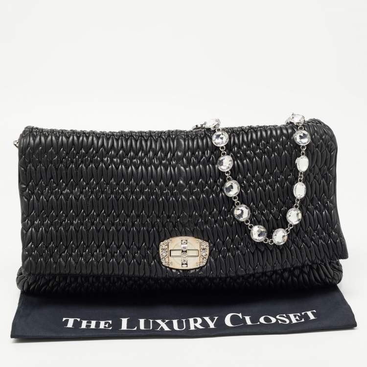 Pre Owned Miu Miu Black Matelassé Leather Crystal Flap Shoulder Bag