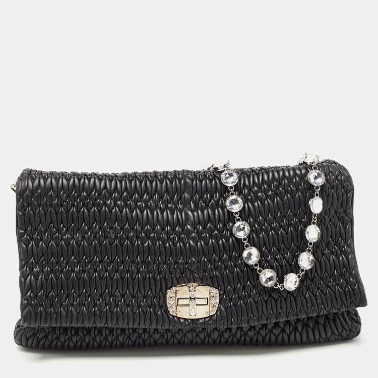 Pre Owned Miu Miu Black Matelassé Leather Crystal Flap Shoulder Bag
