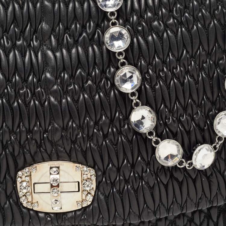 Pre Owned Miu Miu Black Matelassé Leather Crystal Flap Shoulder Bag