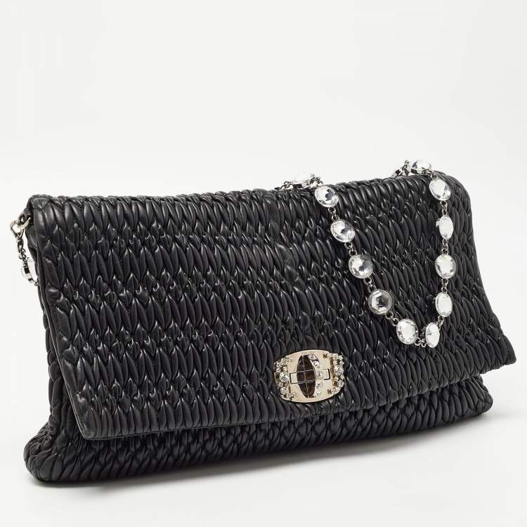 Pre Owned Miu Miu Black Matelassé Leather Crystal Flap Shoulder Bag