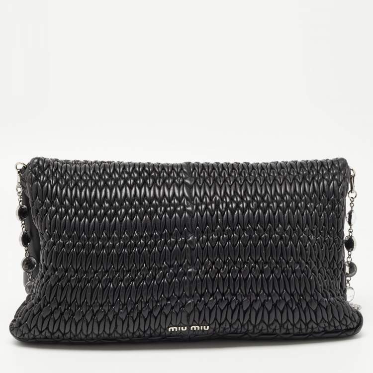 Pre Owned Miu Miu Black Matelassé Leather Crystal Flap Shoulder Bag