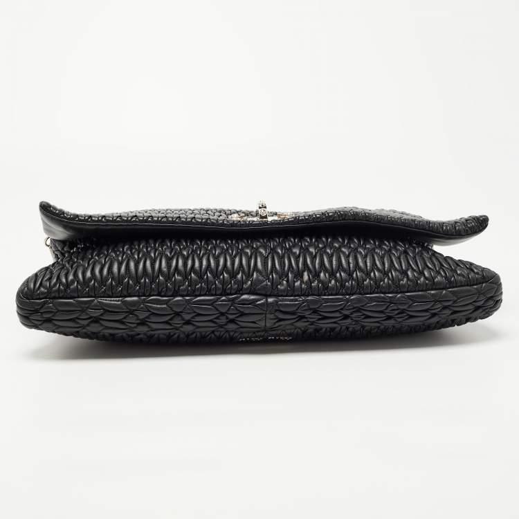 Pre Owned Miu Miu Black Matelassé Leather Crystal Flap Shoulder Bag