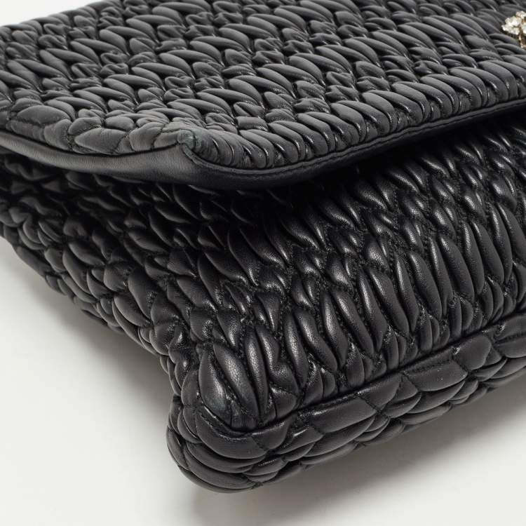 Pre Owned Miu Miu Black Matelassé Leather Crystal Flap Shoulder Bag