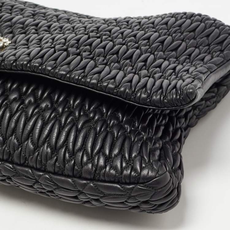 Pre Owned Miu Miu Black Matelassé Leather Crystal Flap Shoulder Bag