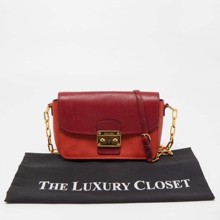 Pre Owned Miu Miu Orange/Red Madras Leather Pushlock Flap Chain Shoulder Bag