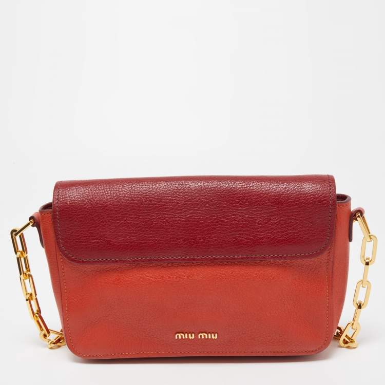 Pre Owned Miu Miu Orange/Red Madras Leather Pushlock Flap Chain Shoulder Bag