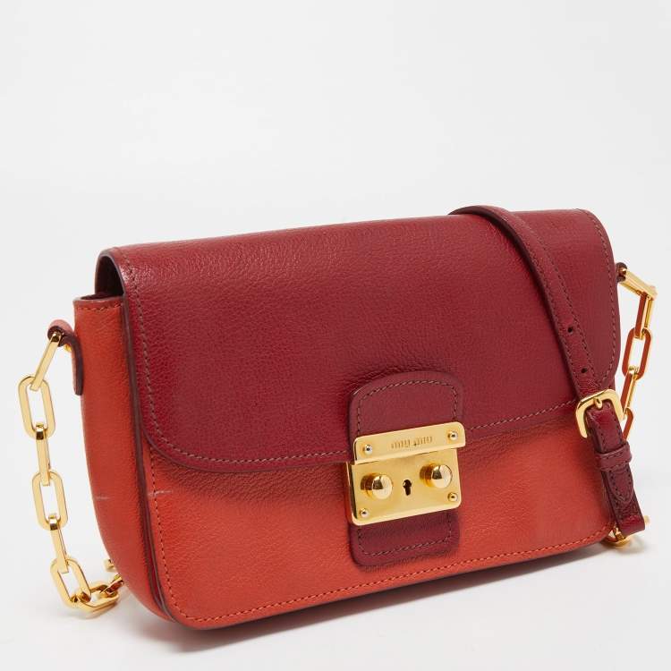 Pre Owned Miu Miu Orange/Red Madras Leather Pushlock Flap Chain Shoulder Bag