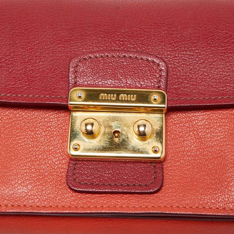 Pre Owned Miu Miu Orange/Red Madras Leather Pushlock Flap Chain Shoulder Bag