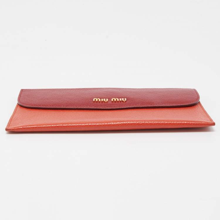 Pre Owned Miu Miu Orange/Red Madras Leather Flap Slim Pouch
