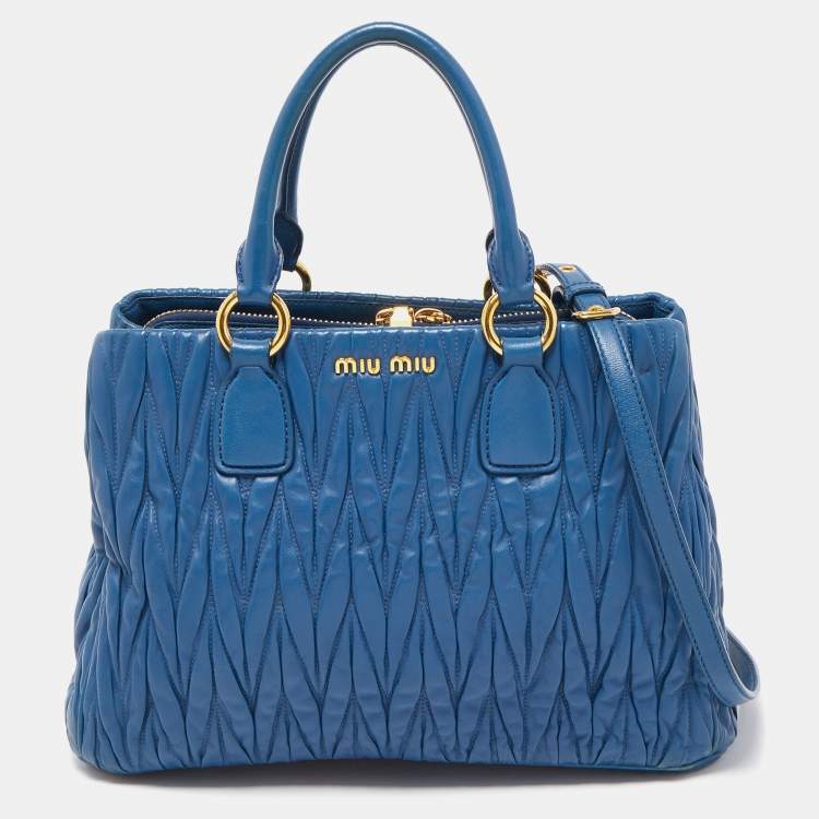 Pre Owned Miu Miu Blue Matelasse Leather Top Zip Tote
