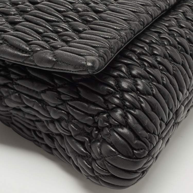 Pre Owned Miu Miu Black Matelassé Leather Crystal Flap Shoulder Bag