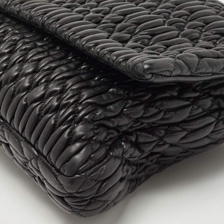 Pre Owned Miu Miu Black Matelassé Leather Crystal Flap Shoulder Bag
