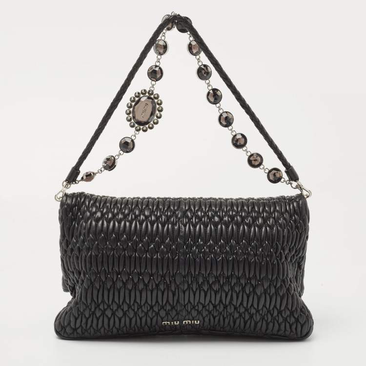 Pre Owned Miu Miu Black Matelassé Leather Crystal Flap Shoulder Bag