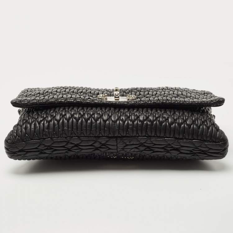 Pre Owned Miu Miu Black Matelassé Leather Crystal Flap Shoulder Bag