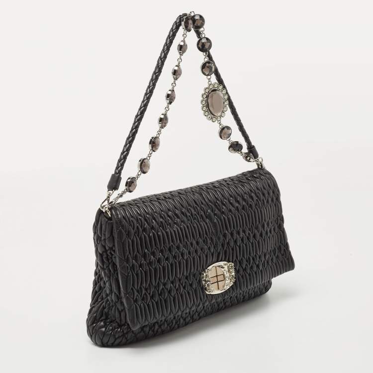 Pre Owned Miu Miu Black Matelassé Leather Crystal Flap Shoulder Bag