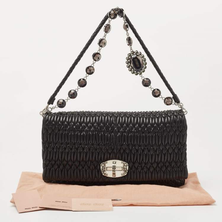 Pre Owned Miu Miu Black Matelassé Leather Crystal Flap Shoulder Bag