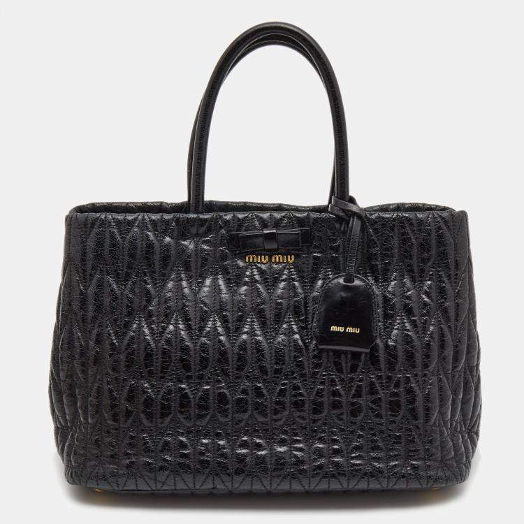 Pre Owned Miu Miu Black Matelassé Leather Bow Tote
