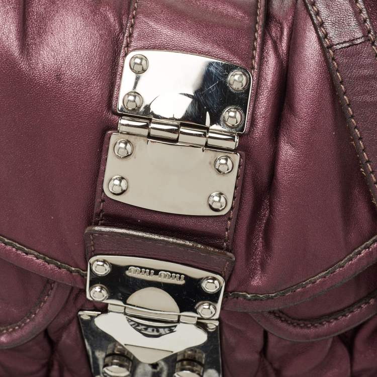 Pre Owned Miu Miu Metallic Purple Matelasse Lux Leather Coffer Hobo