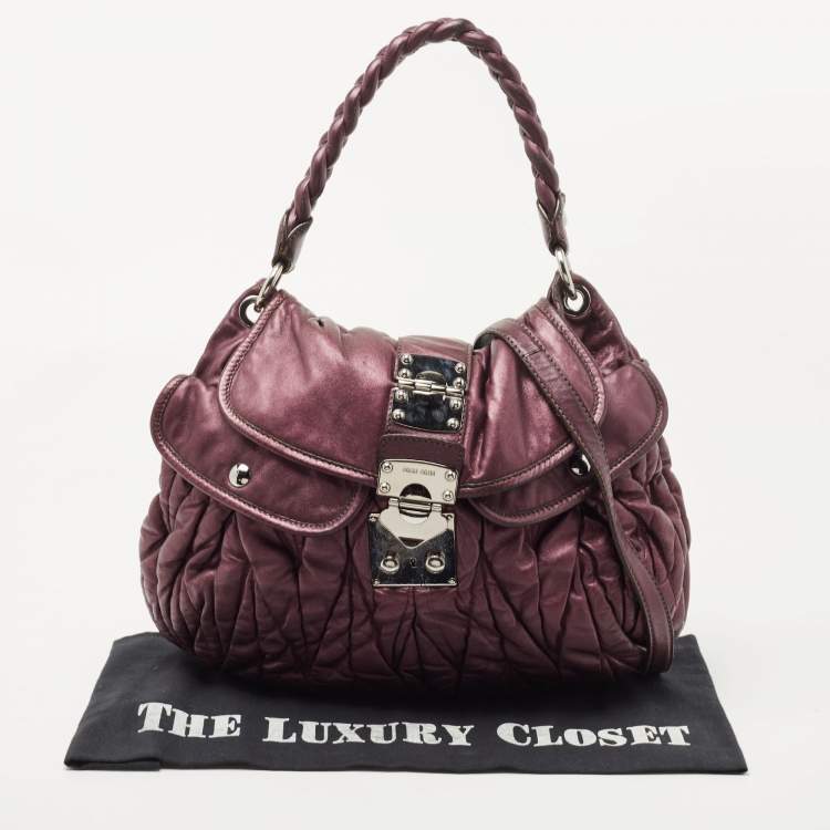 Pre Owned Miu Miu Metallic Purple Matelasse Lux Leather Coffer Hobo