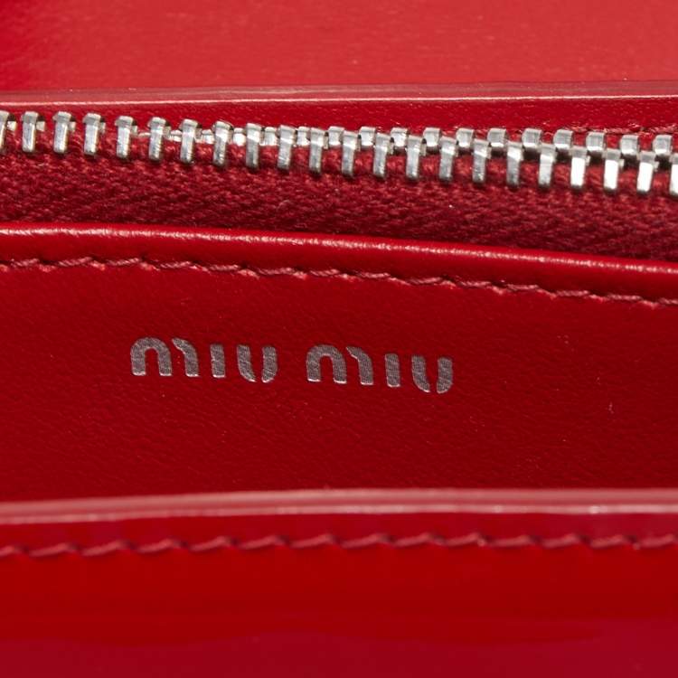 Pre Owned Miu Miu Red Patent Leather Logo Crystals Flap Wallet on Chain