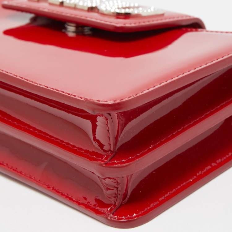 Pre Owned Miu Miu Red Patent Leather Logo Crystals Flap Wallet on Chain