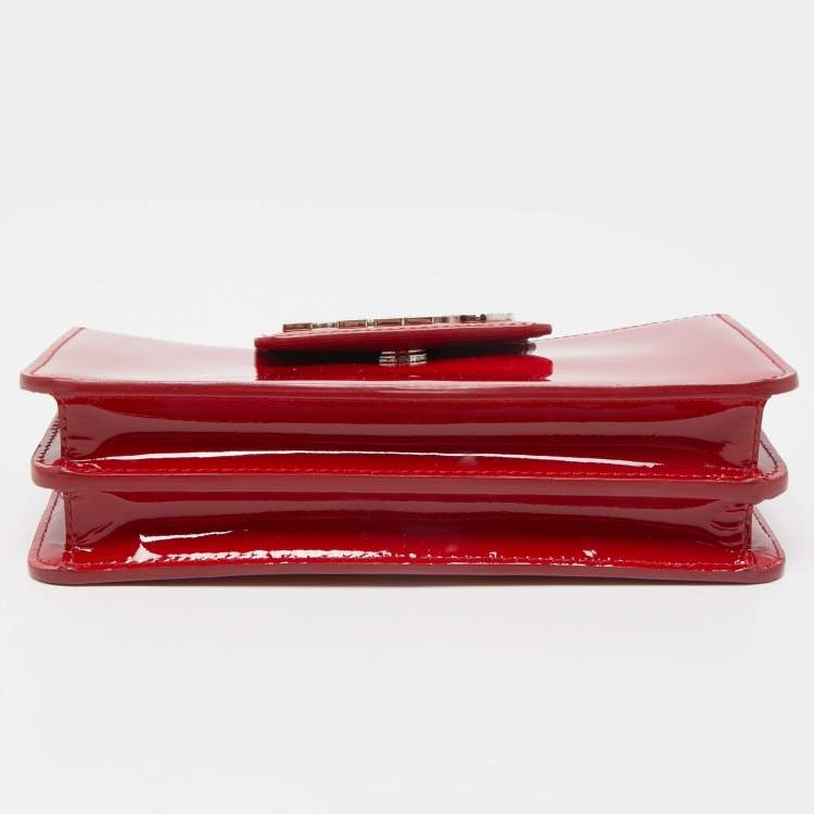 Pre Owned Miu Miu Red Patent Leather Logo Crystals Flap Wallet on Chain