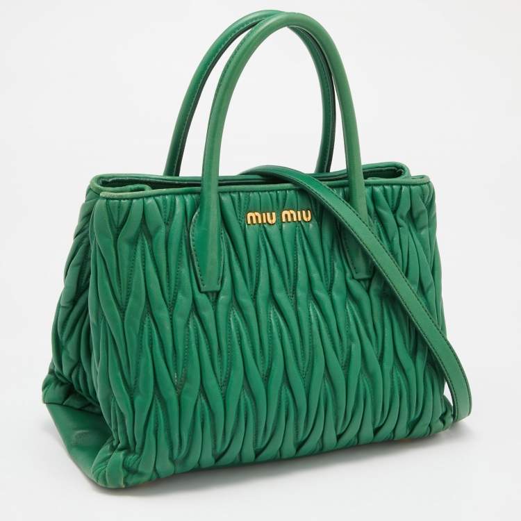 Pre Owned Miu Miu Green Matelassé Leather Snap Tote