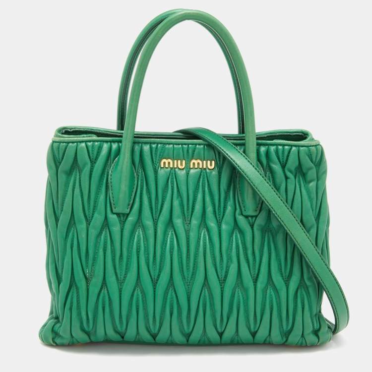 Pre Owned Miu Miu Green Matelassé Leather Snap Tote