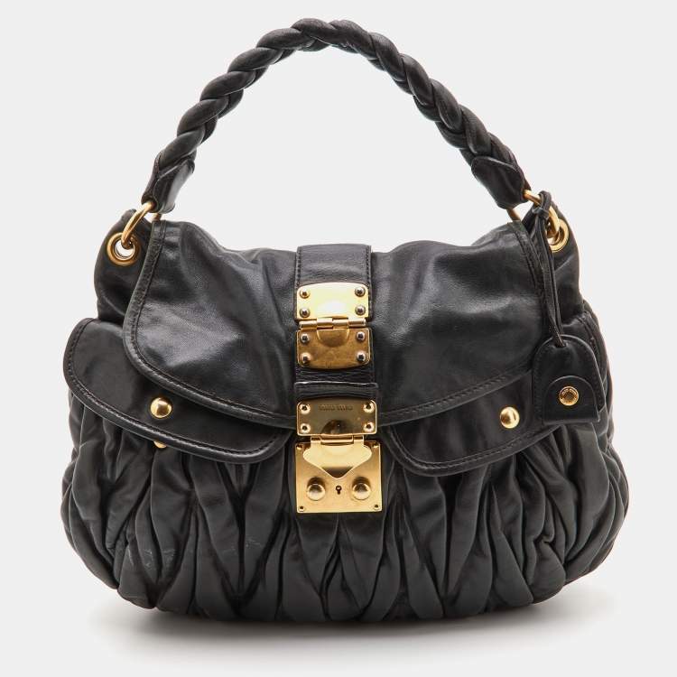 Pre Owned Miu Miu Black Matelassé Leather Coffer Bag