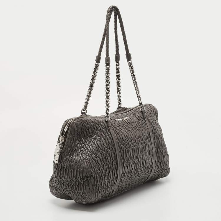 Pre Owned Miu Miu Grey Cloque Leather Chain Satchel