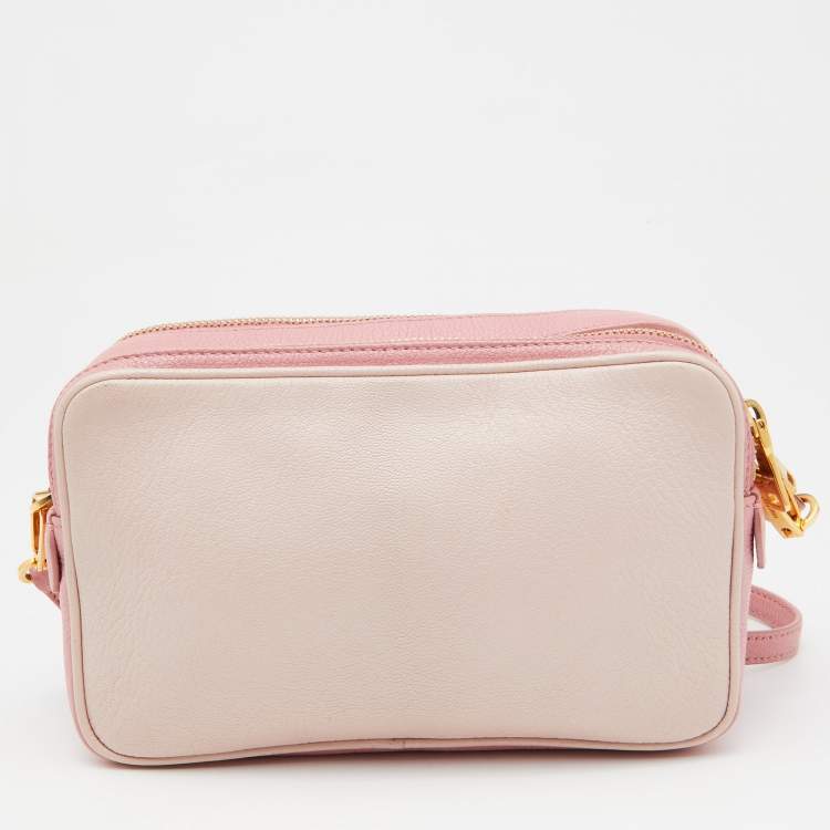 Pre Owned Miu Miu Two Tone Pink Madras Leather Double Zip Camera Bag