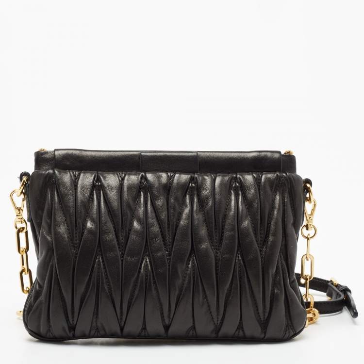 Pre Owned Miu Miu Black Matelasse Leather Frame Chain Crossbody Bag 