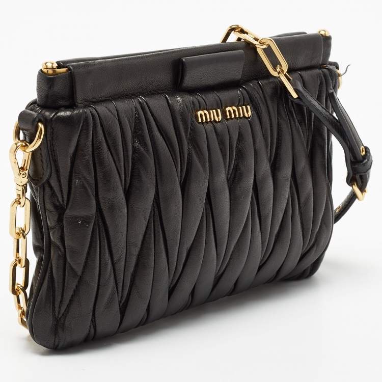 Pre Owned Miu Miu Black Matelasse Leather Frame Chain Crossbody Bag 