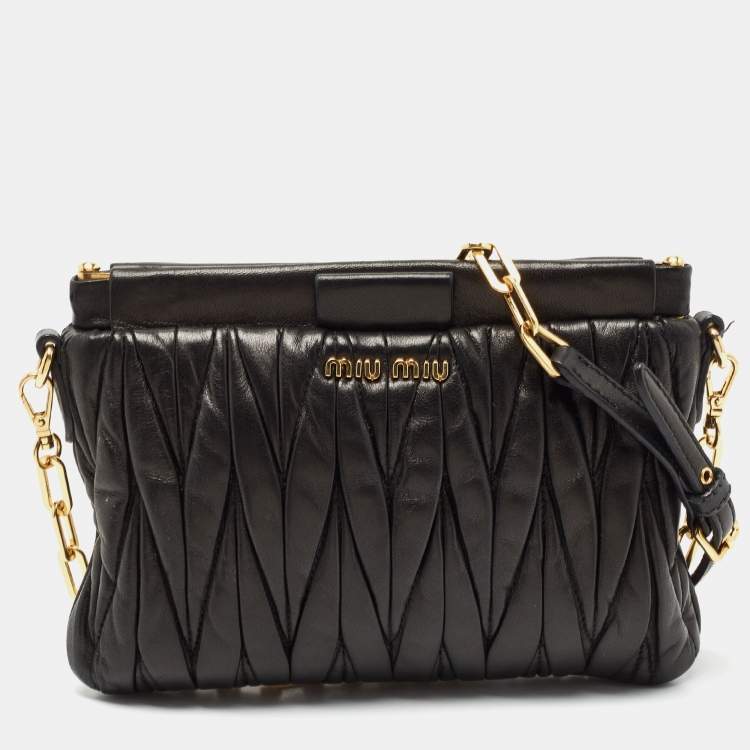 Pre Owned Miu Miu Black Matelasse Leather Frame Chain Crossbody Bag 