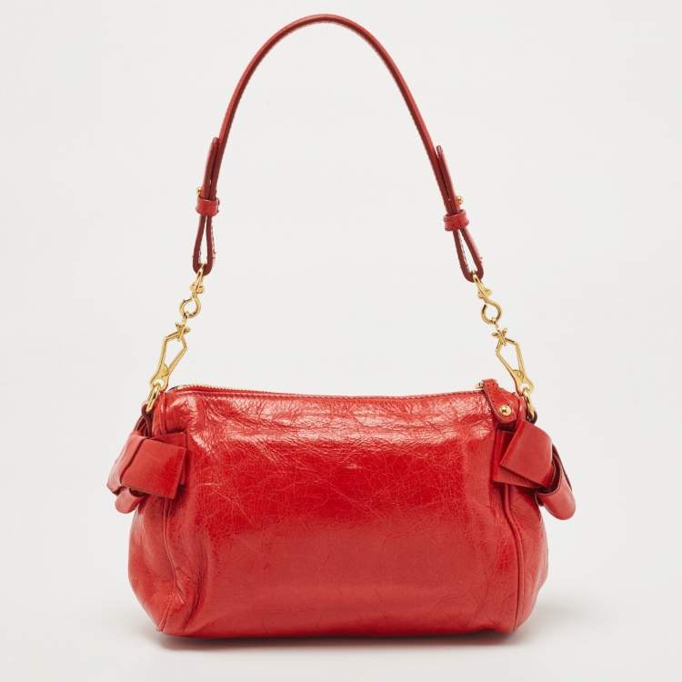 Pre Owned Miu Miu Red Vitello Lux Leather Bow Pochette Bag