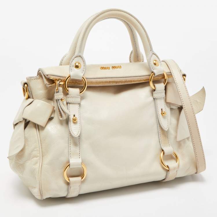 Pre Owned Miu Miu Light Green Vitello Lux Leather Small Bow Satchel