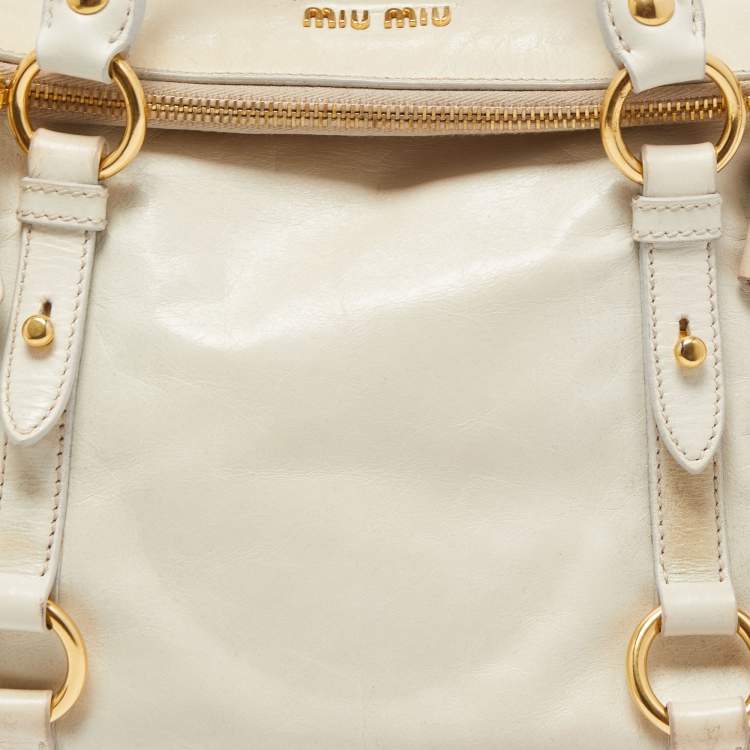Pre Owned Miu Miu Light Green Vitello Lux Leather Small Bow Satchel