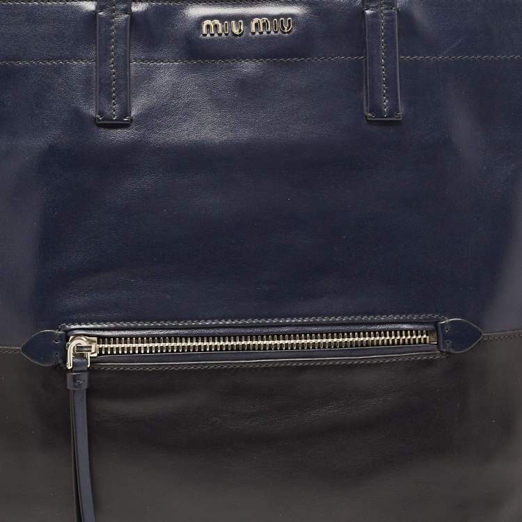 Pre Owned Miu Miu Blue/Black Vitello Soft Leather Shopper Tote