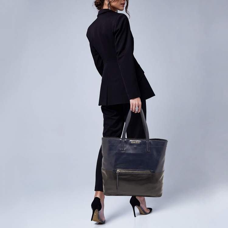Pre Owned Miu Miu Blue/Black Vitello Soft Leather Shopper Tote