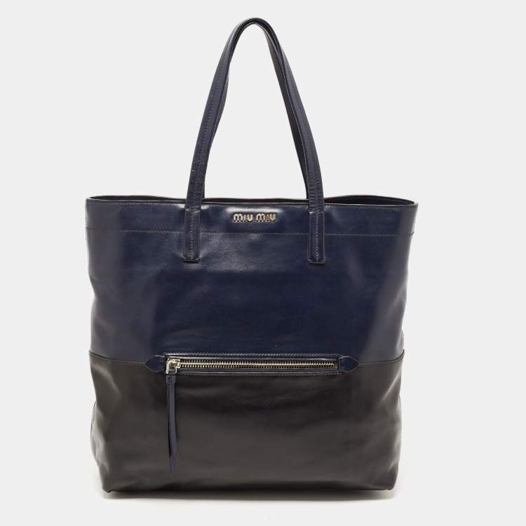 Pre Owned Miu Miu Blue/Black Vitello Soft Leather Shopper Tote