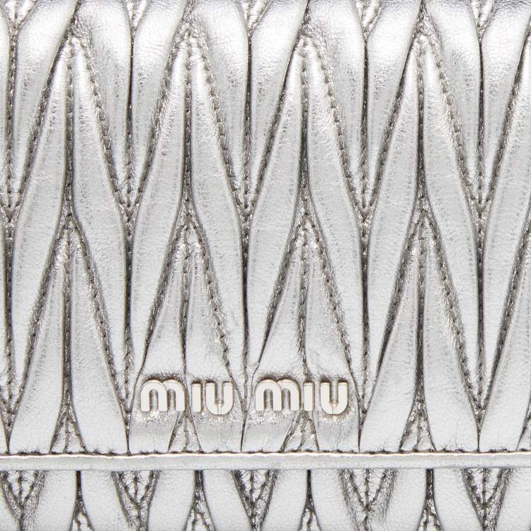 Pre Owned Miu Miu Silver Matelassé Leather Logo Flap Continental Wallet