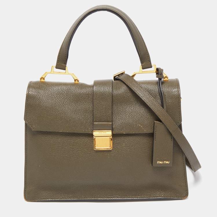 Pre Owned Miu Miu Dark Green Madras Leather Pushlock Flap Top Handle Bag