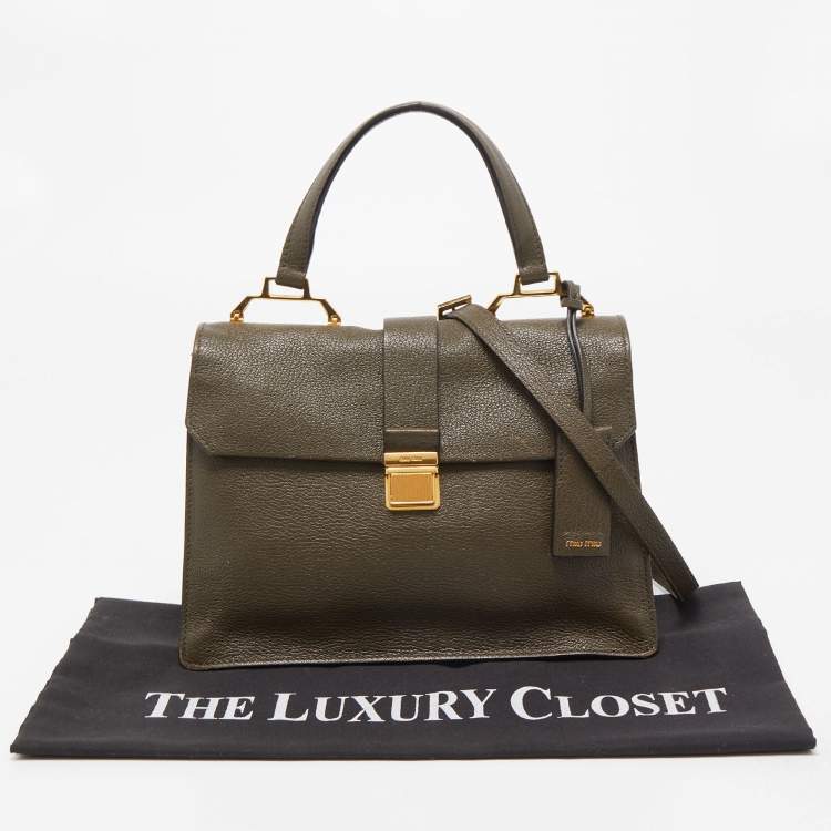 Pre Owned Miu Miu Dark Green Madras Leather Pushlock Flap Top Handle Bag